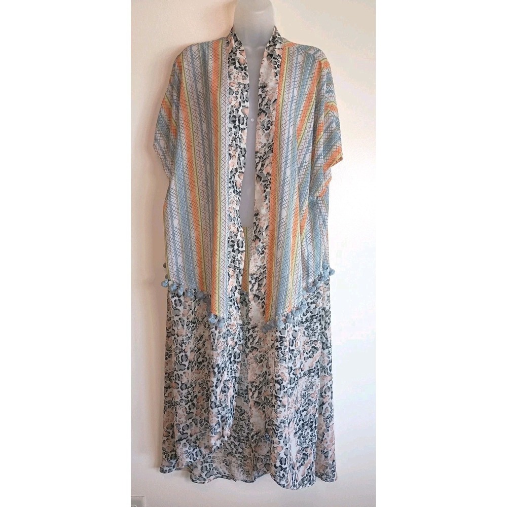 GiGio Boho Kimono Cardigan Mixed Print Tassel Trim Lightweight Duster L
